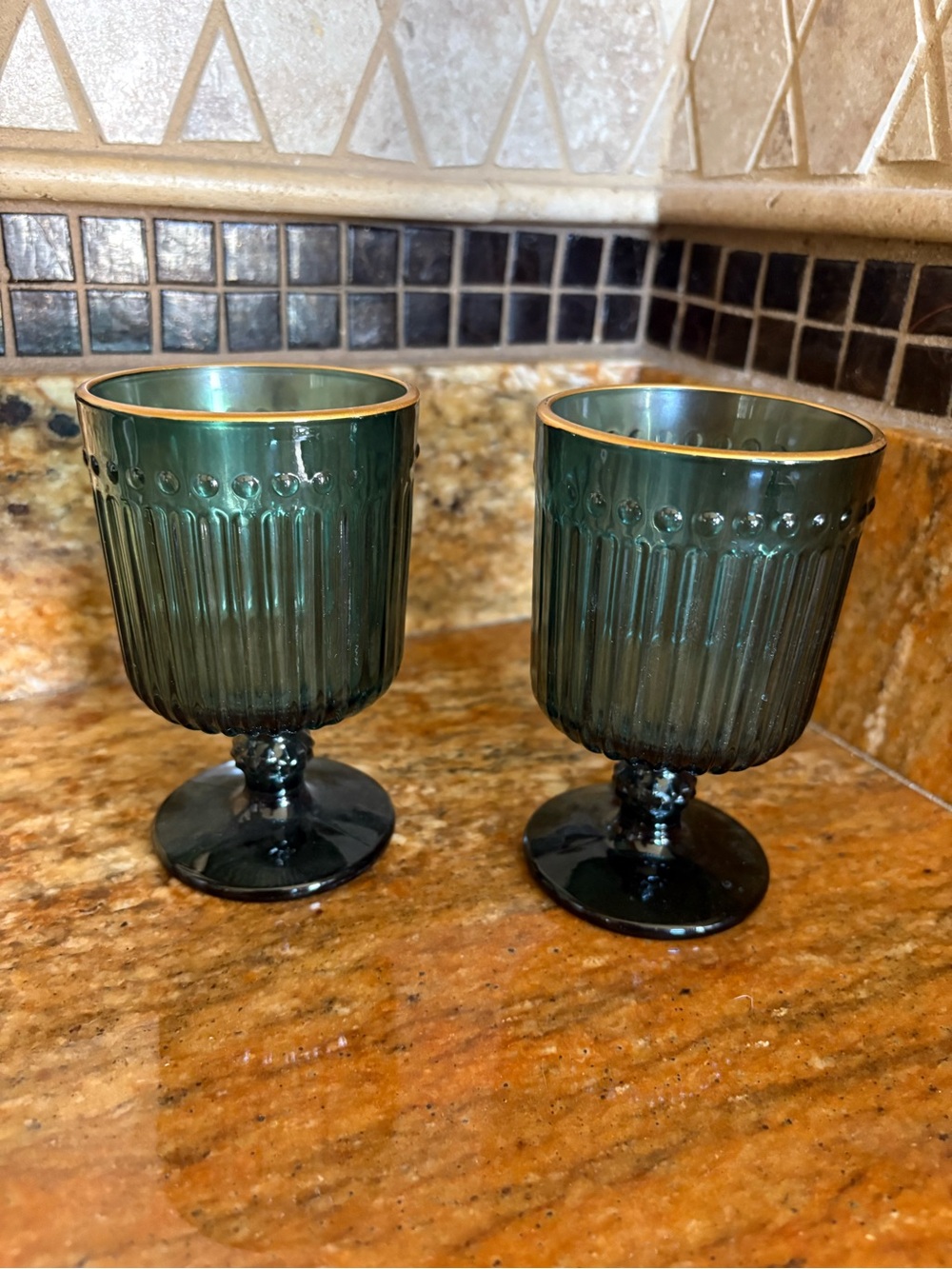 Set of 2 Mid Century Modern Teal Ribbed Goblets with Gold Rim